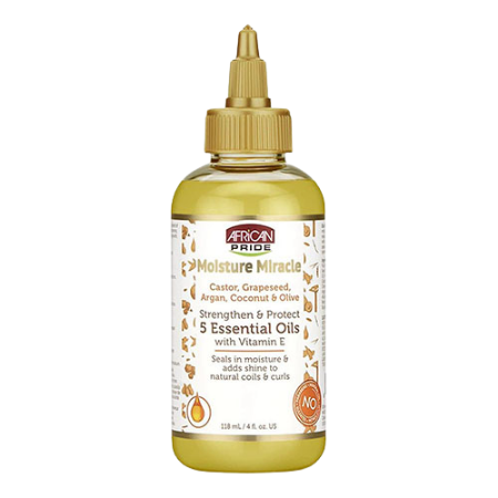 African Pride Moisture Miracle Castor,Grapeseed,Argan,Coconut & Olive Strengthen & Protect 5 Essential Oils 4 Oz.