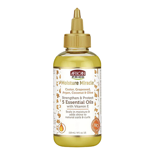 African Pride Moisture Miracle Castor,Grapeseed,Argan,Coconut & Olive Strengthen & Protect 5 Essential Oils 4 Oz.